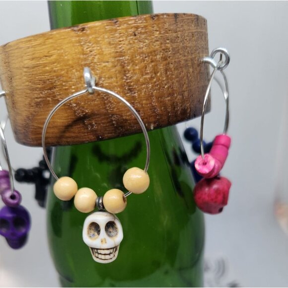 Skull Colorful Wine Glass Charms Set - 6  Themed Unique Charms With Beads & Wood - Picture 8 of 14